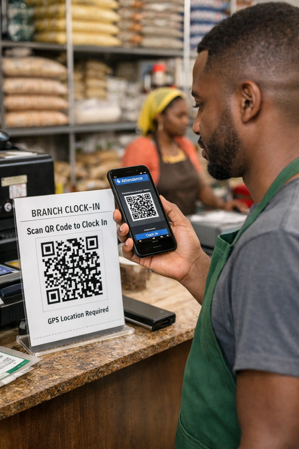 Staff scanning QR code in a cereal shop to submit clock in attendance
