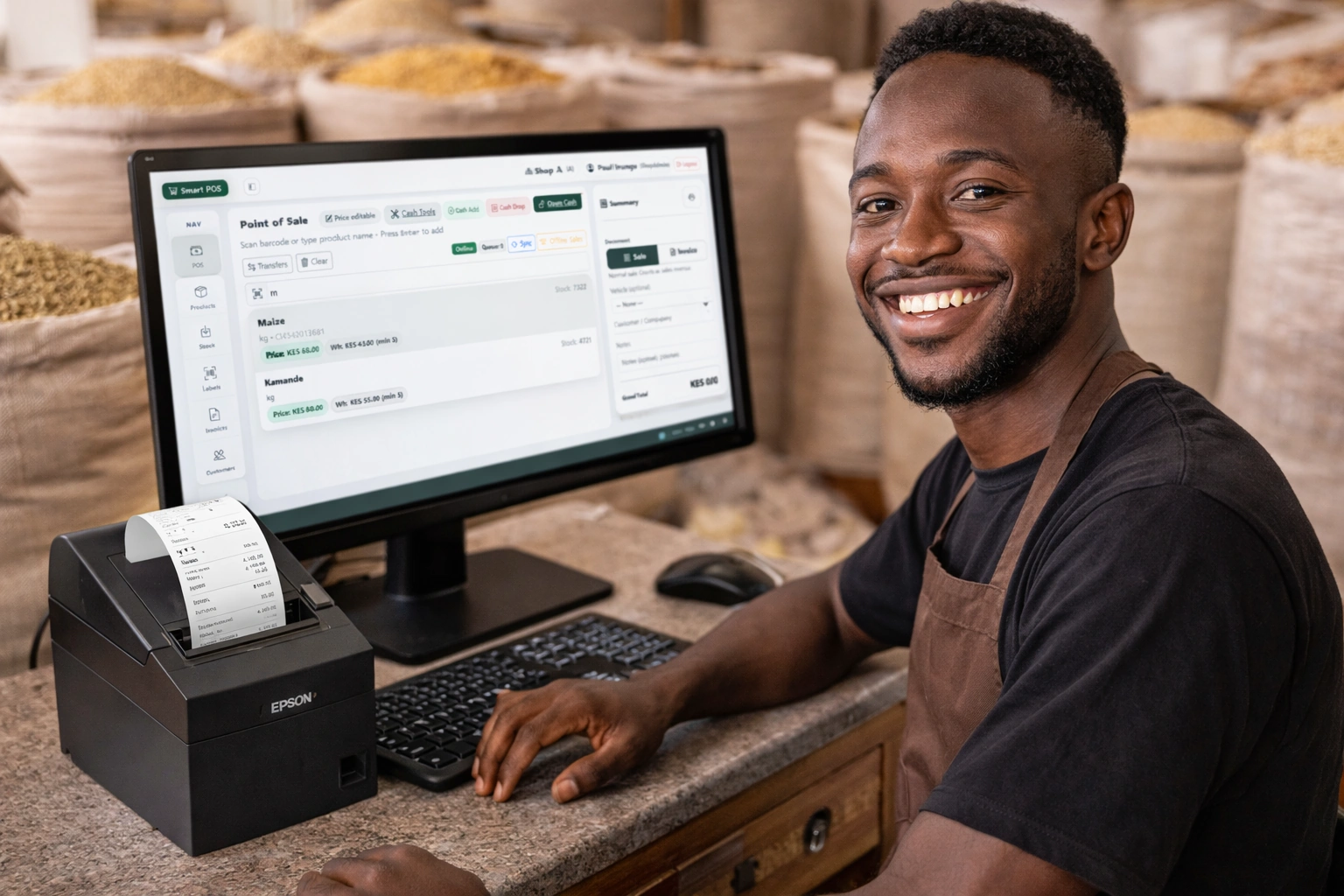 Happy cereal shop cashier using Smart POS with receipt printing